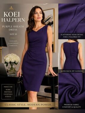 KOEI HALPERN Purple Sheath Dress Size 10 Sleeveless Knee Length Career Cocktail